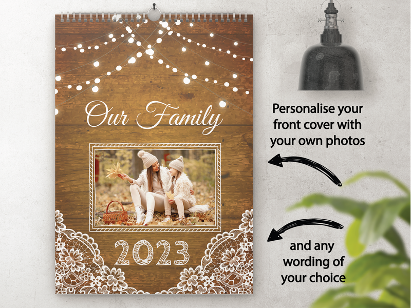 Personalised A5 Wall Calendar 2025 – Rustic Lace & Fairy Lights Family Design