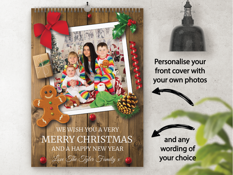 Personalised A3 Wall Calendar 2025 – Rustic Wood & Christmas Decor Design