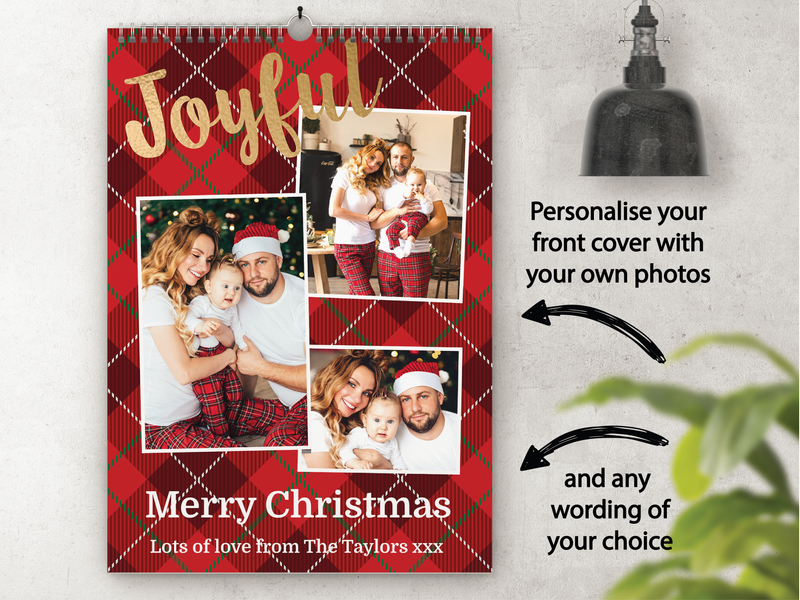 Personalised A4 Wall Calendar 2025 – Red Tartan & Joyful Christmas Design