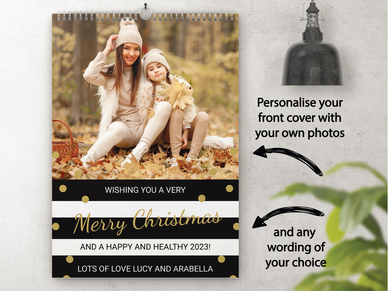 Personalised A5 Desktop Calendar 2025 – Black & White Stripes with Gold Polka Dots