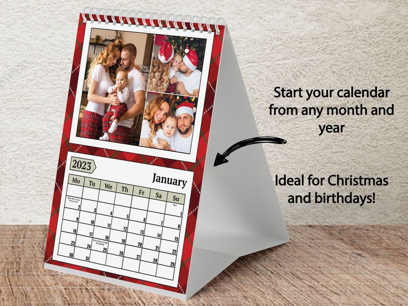 Personalised A5 Desktop Calendar 2025 – Red Tartan & Joyful Christmas Design