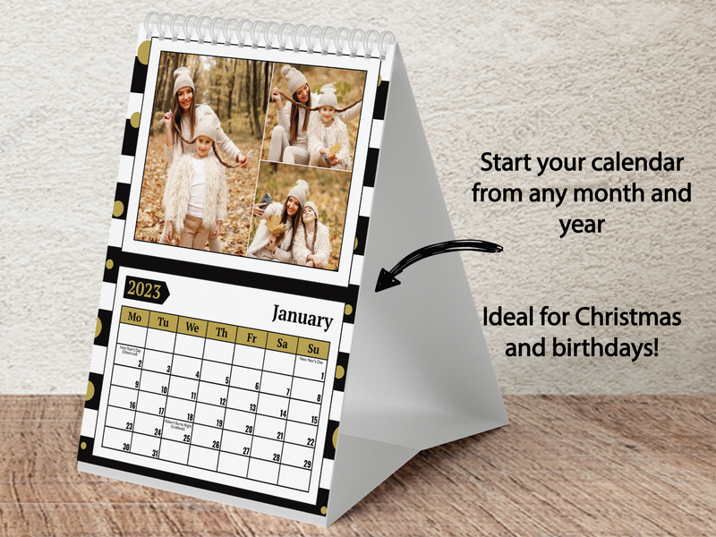 Personalised A5 Desktop Calendar 2025 – Black & White Stripes with Gold Polka Dots