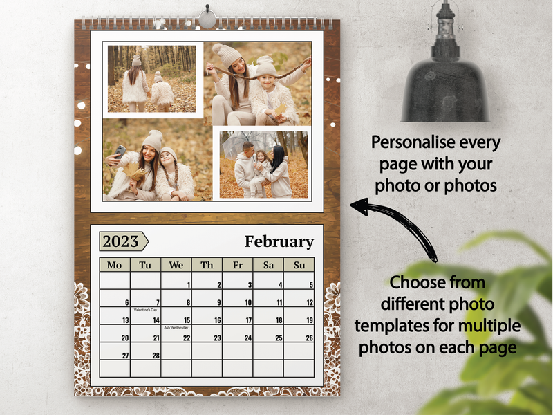 Personalised A4 Wall Calendar 2025 – Rustic Lace & Fairy Lights Family Design