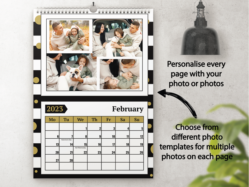 Personalised A5 Desktop Calendar 2025 – Black & White Stripes with Gold Polka Dots