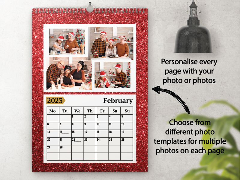 Personalised A3 Wall Calendar 2025 – Red Glitter Effect & Gold Number Design