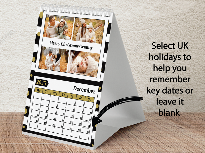 Personalised A5 Desktop Calendar 2025 – Black & White Stripes with Gold Polka Dots