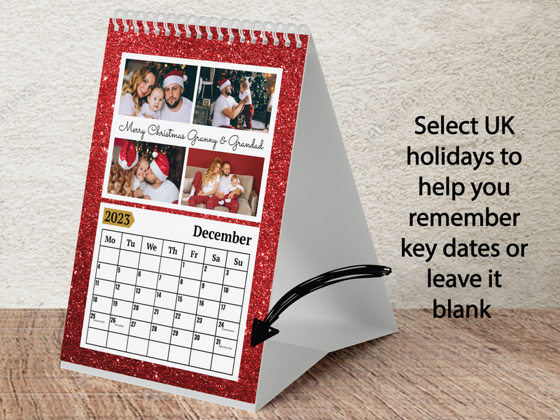 Personalised A3 Wall Calendar 2025 – Red Glitter Effect & Gold Number Design