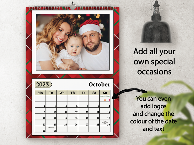 Personalised A3 Wall Calendar 2025 – Red Tartan & Joyful Christmas Design