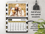 Personalised A5 Desktop Calendar 2025 – Black & White Stripes with Gold Polka Dots