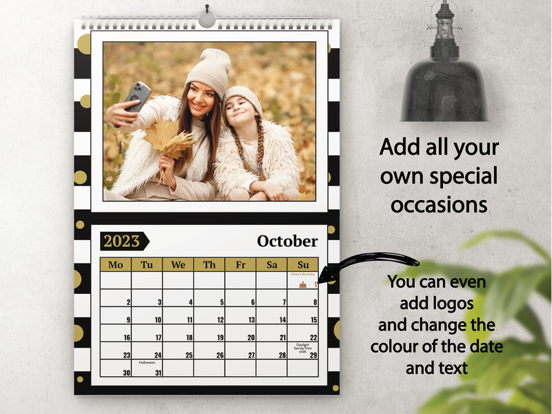 Personalised A5 Desktop Calendar 2025 – Black & White Stripes with Gold Polka Dots