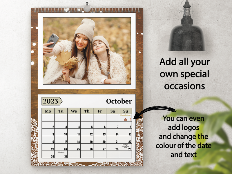 Personalised A4 Wall Calendar 2025 – Rustic Lace & Fairy Lights Family Design
