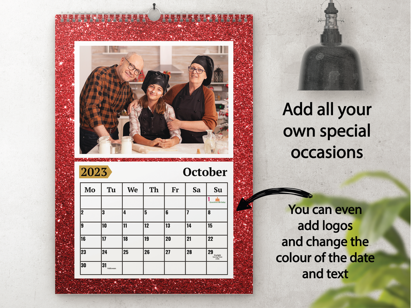 Personalised A3 Wall Calendar 2025 – Red Glitter Effect & Gold Number Design