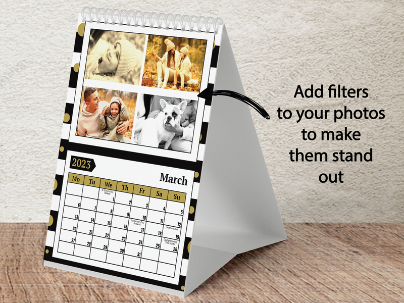 Personalised A5 Desktop Calendar 2025 – Black & White Stripes with Gold Polka Dots