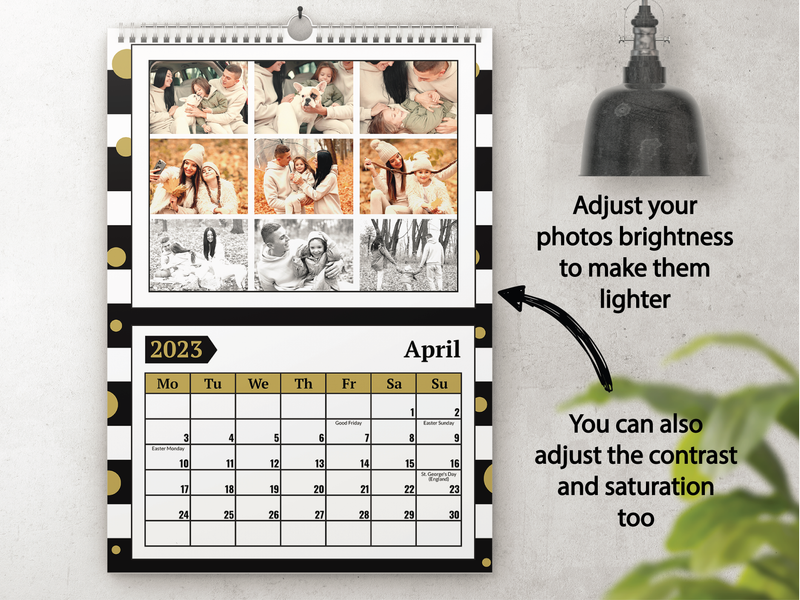 Personalised A5 Desktop Calendar 2025 – Black & White Stripes with Gold Polka Dots