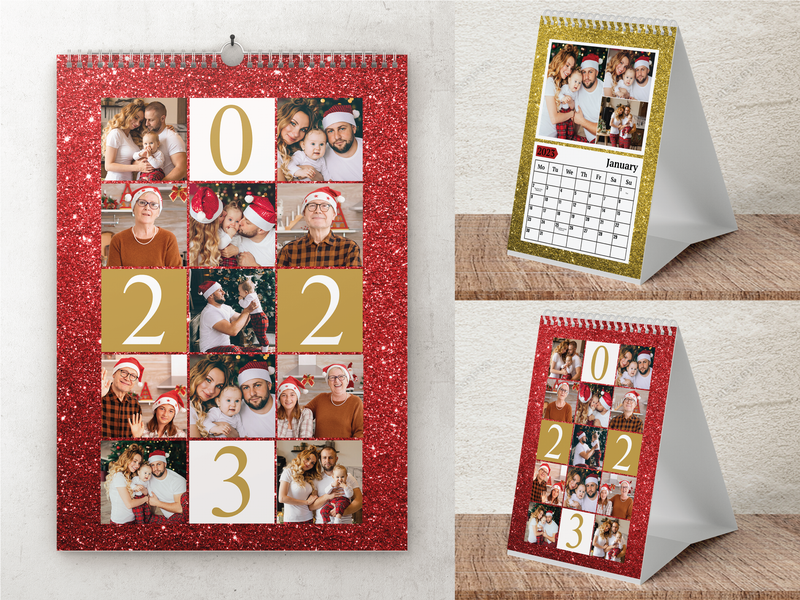 Personalised A5 Desktop Calendar 2025 – Red Glitter Effect & Gold Number Design