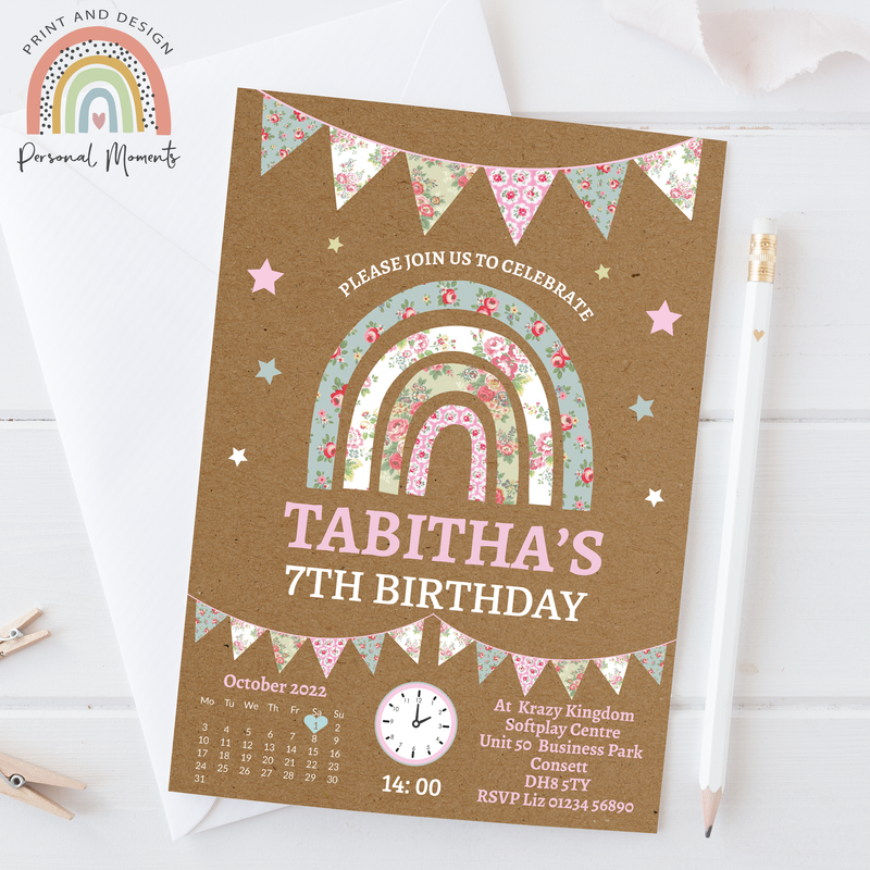 Rustic Floral Rainbow Birthday Invitations - Personalised Shabby Chic Design