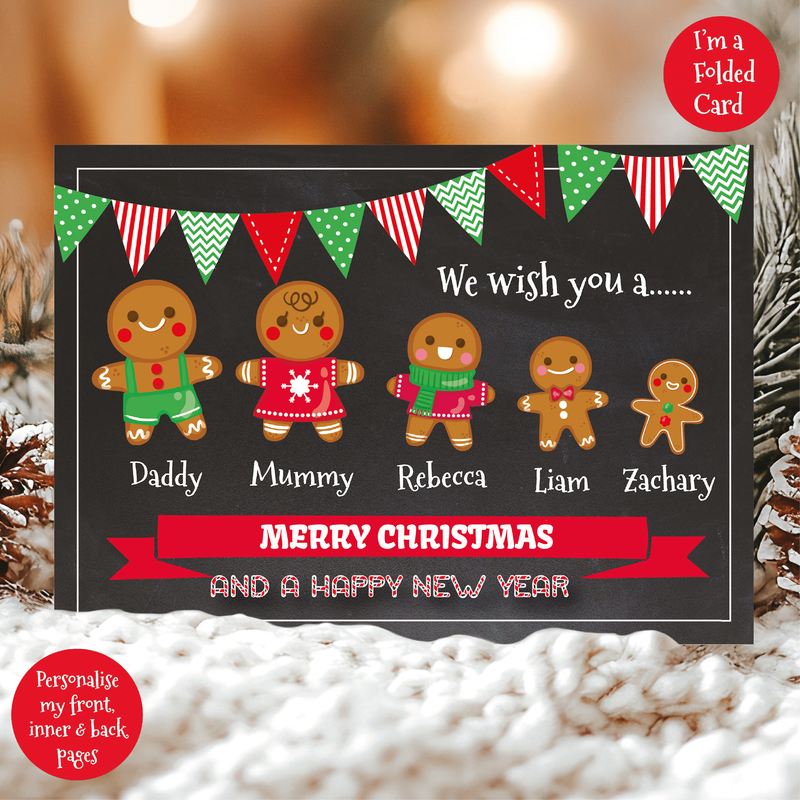 a christmas card with three gingerbreads on it