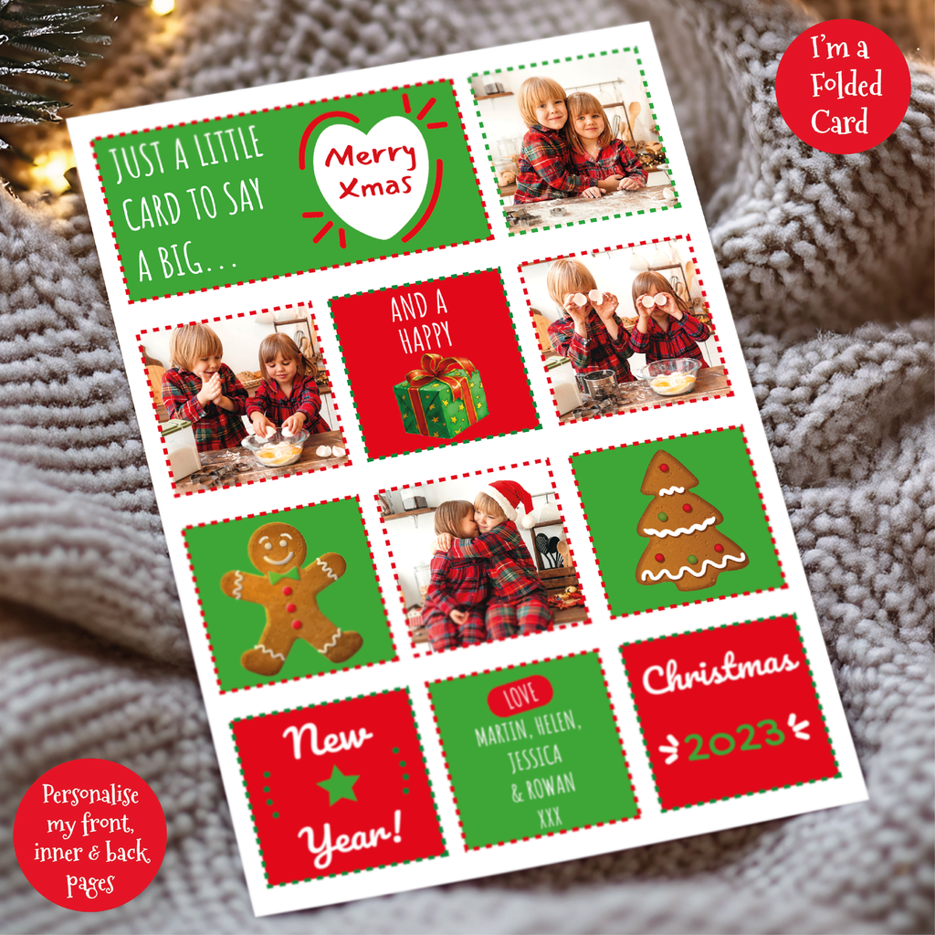a christmas card with a picture of two children and a christmas tree