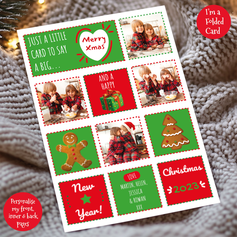 a christmas card with a picture of two children and a christmas tree