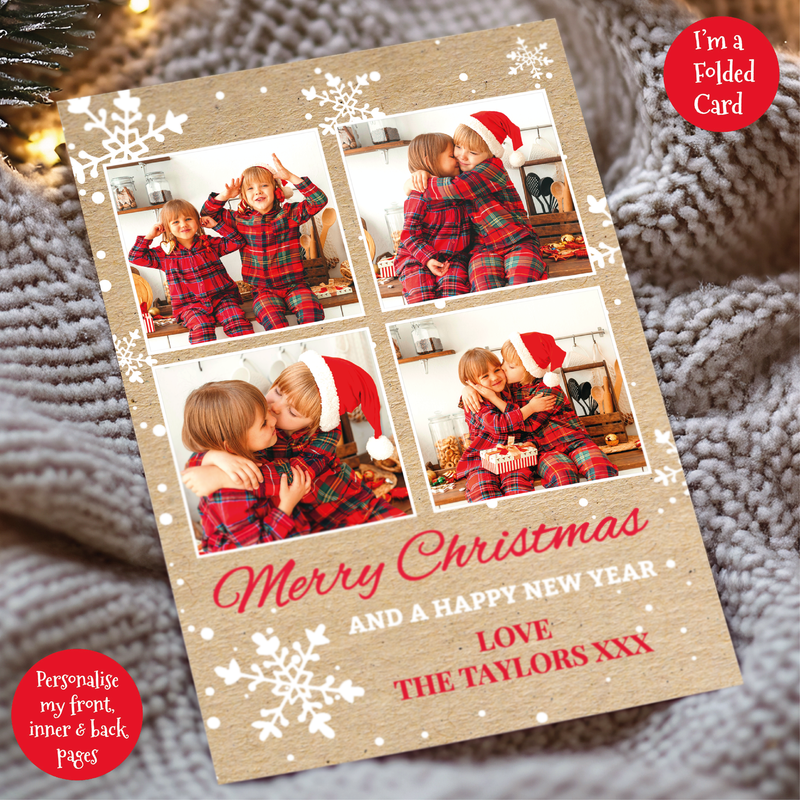 a christmas card with three photos of a couple kissing