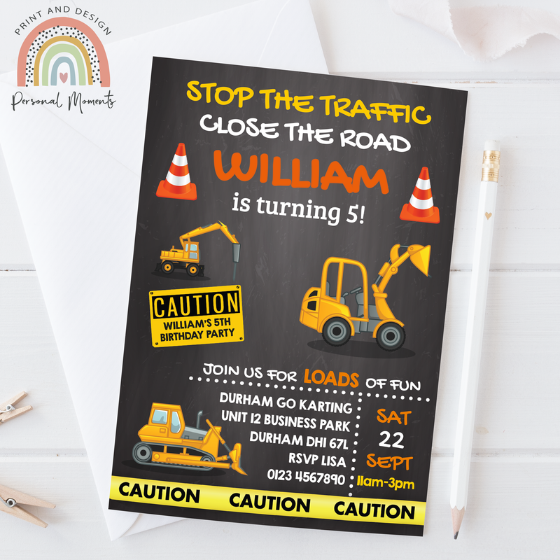Personalised Construction Digger Birthday Invitations - JCB Theme