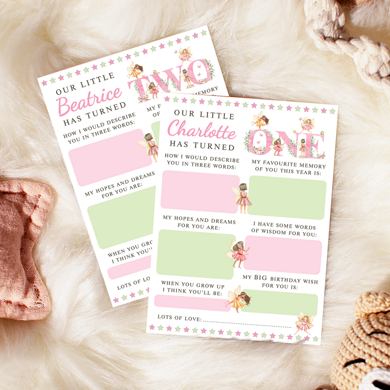Personalised 1st Birthday Time Capsule Cards, Fairy, Pixie First Birthday Party Games