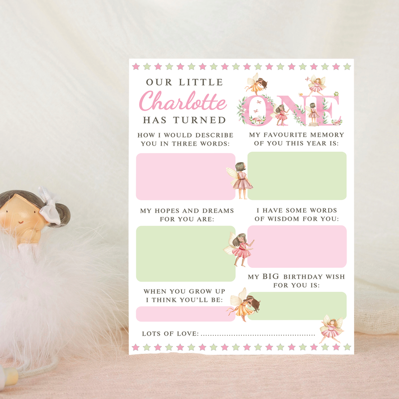 Personalised 1st Birthday Time Capsule Cards, Fairy, Pixie First Birthday Party Games