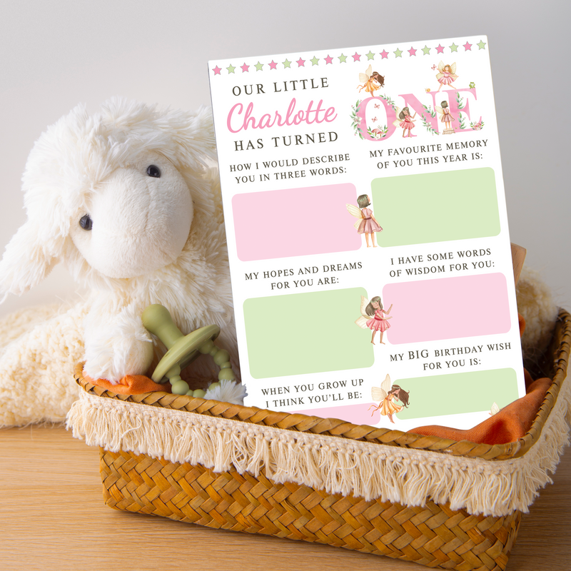 Personalised 1st Birthday Time Capsule Cards, Fairy, Pixie First Birthday Party Games