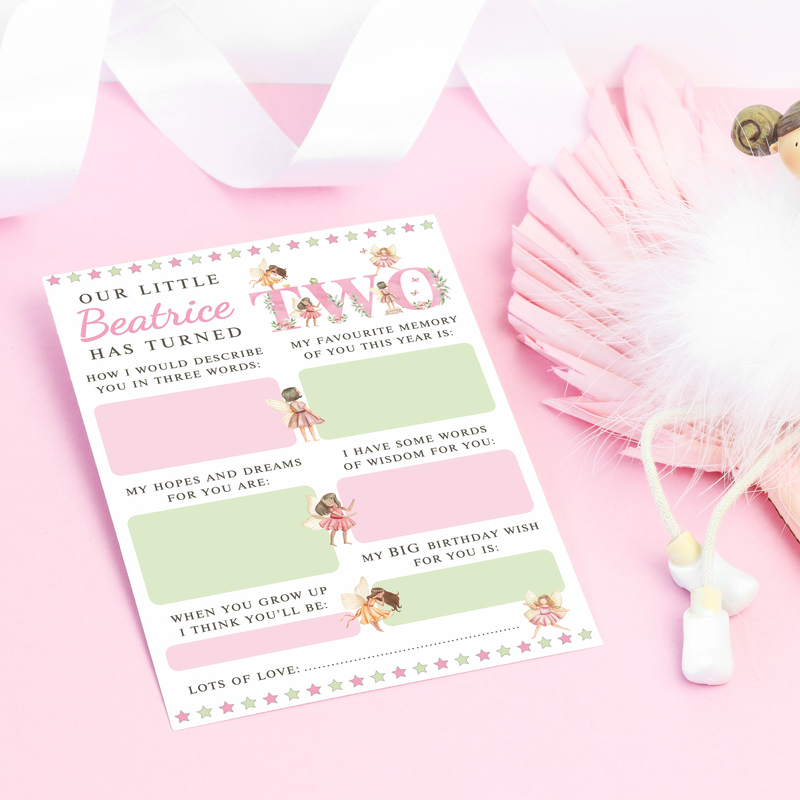 Personalised 1st Birthday Time Capsule Cards, Fairy, Pixie First Birthday Party Games