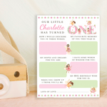 Personalised 1st Birthday Time Capsule Cards, Fairy, Pixie First Birthday Party Games
