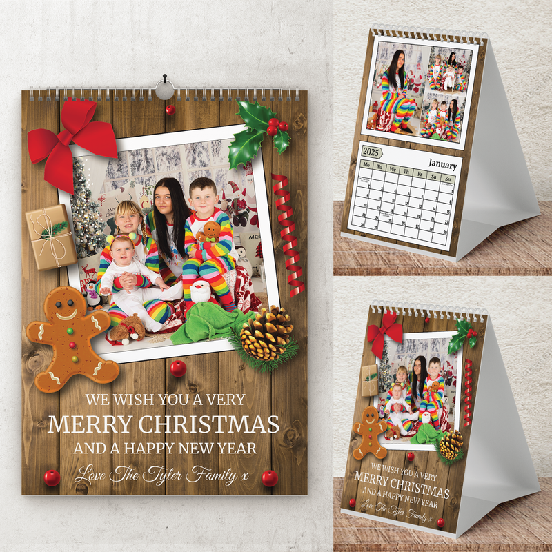 Personalised A3 Wall Calendar 2025 – Rustic Wood & Christmas Decor Design