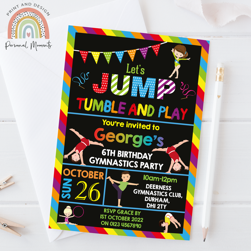 Personalised Gymnastics Birthday Party Invitations for Boys and Girls