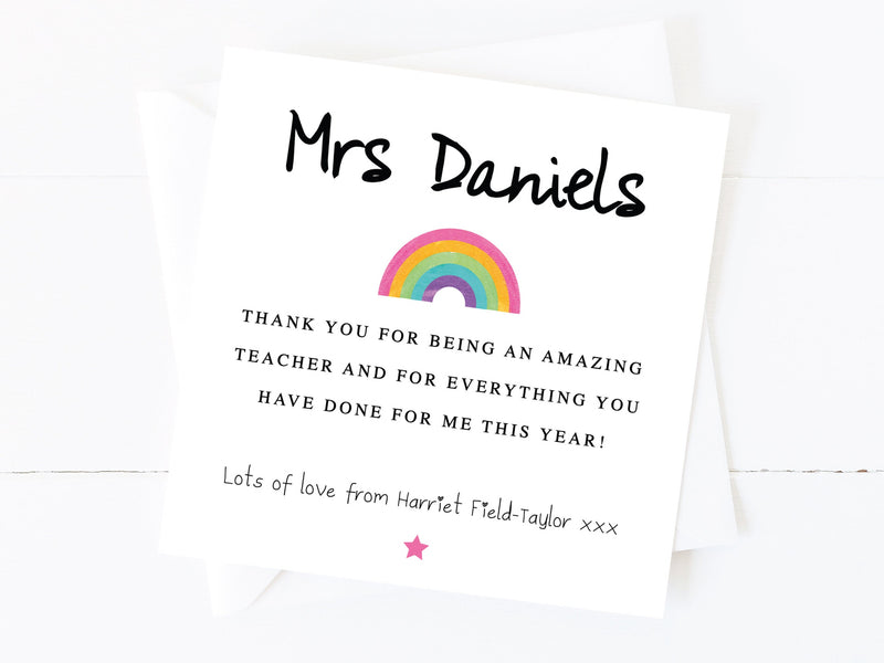 Personalised Teacher Thank You Card with Rainbow - School Nursery End of Term