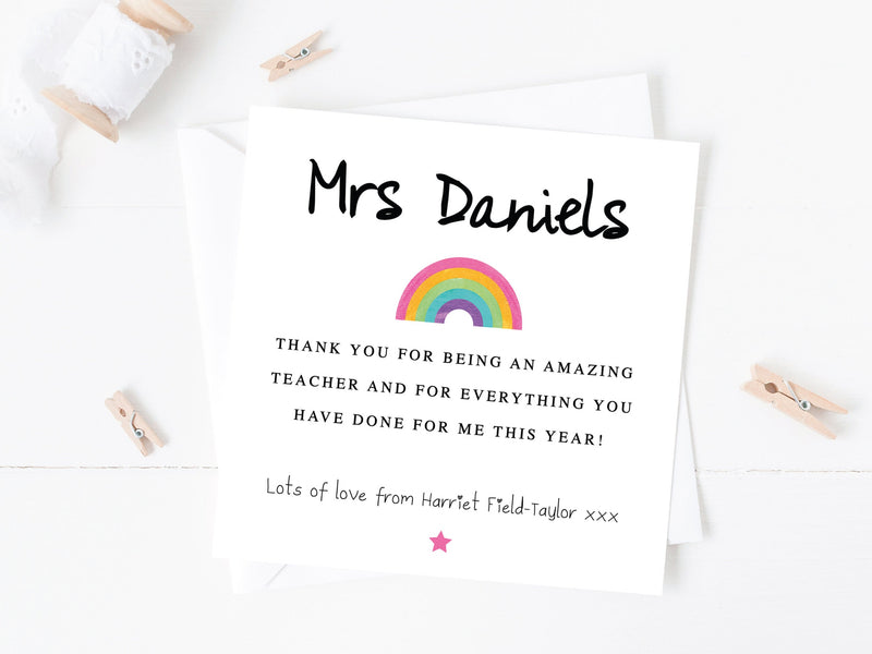 Personalised Teacher Thank You Card with Rainbow - School Nursery End of Term