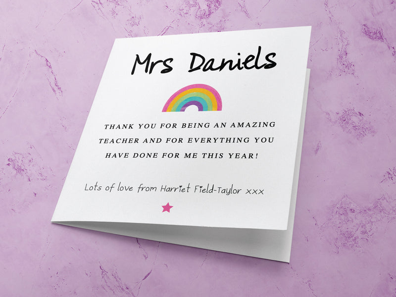 Personalised Teacher Thank You Card with Rainbow - School Nursery End of Term