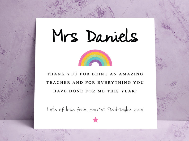 Personalised Teacher Thank You Card with Rainbow - School Nursery End of Term