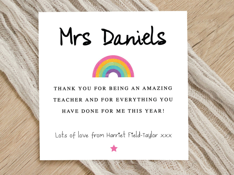 Personalised Teacher Thank You Card with Rainbow - School Nursery End of Term