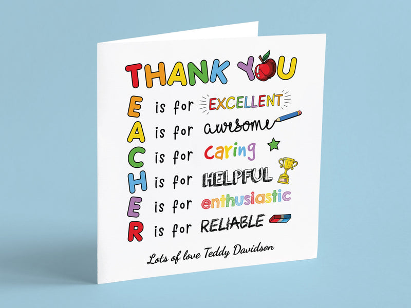Personalised Thank You Teacher Card - End of Term School Nursery