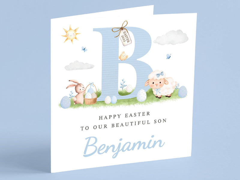 Blue Initial Personalised Easter Card for Grandson, Son, Nephew, Cousin, Godson