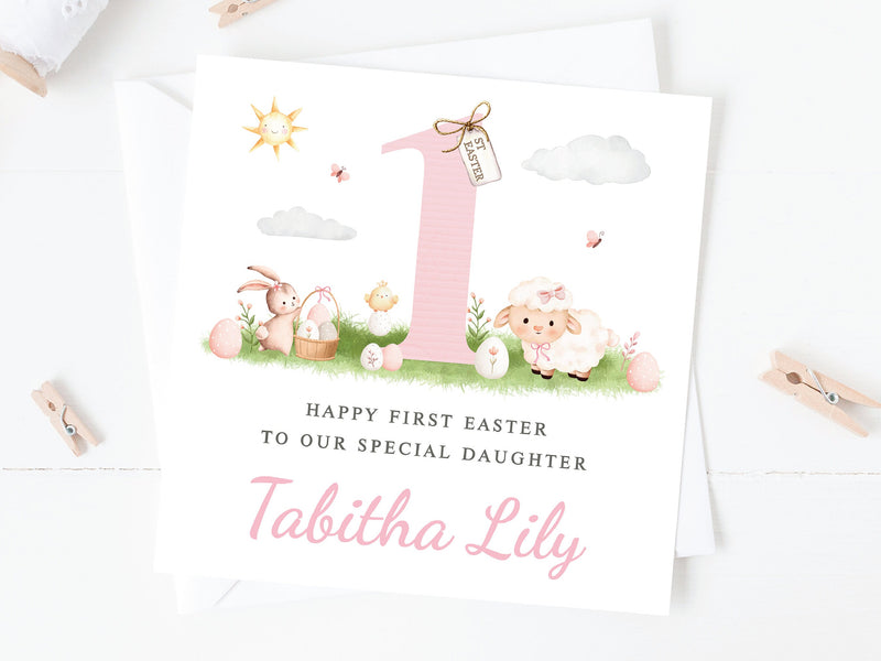 Pink 1st Easter Card for Baby - Personalised for Daughter, Niece, Granddaughter, Goddaughter