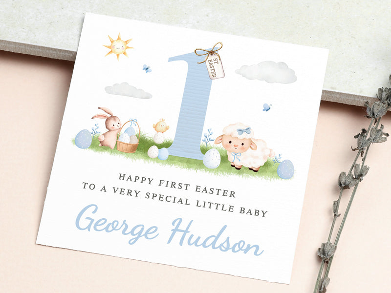 Blue 1st Easter Card for Baby - Personalised for Son, Nephew, Grandson, Godson