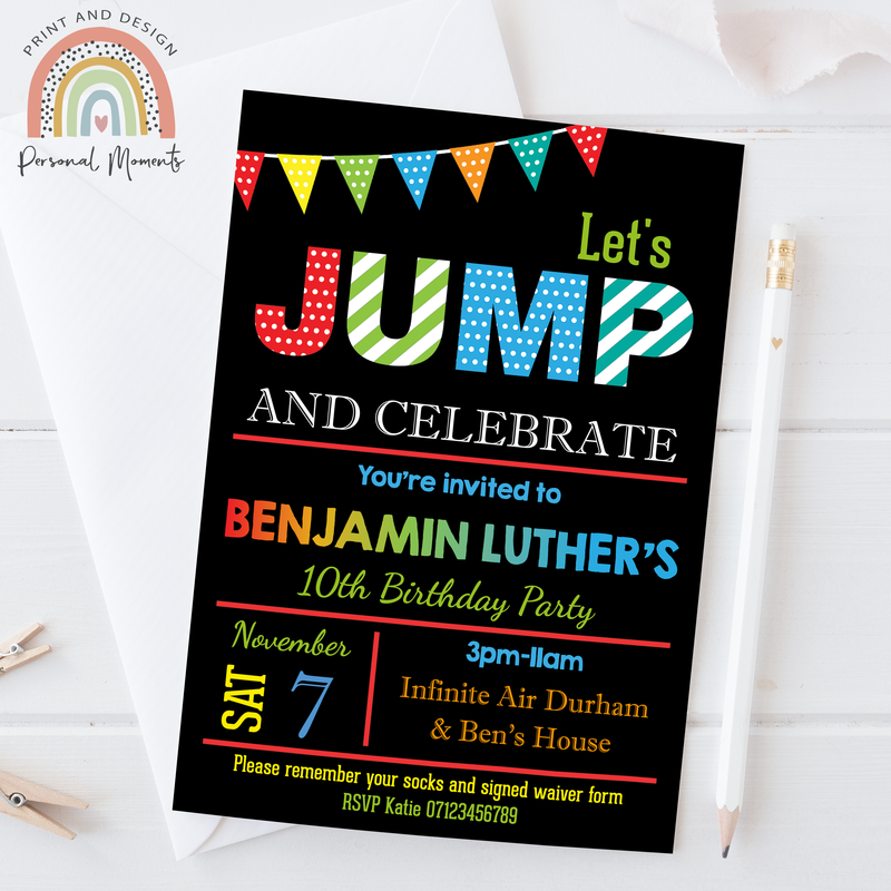 Personalised Kids Trampoline Jump Party Invitations - Colourful and Fun!