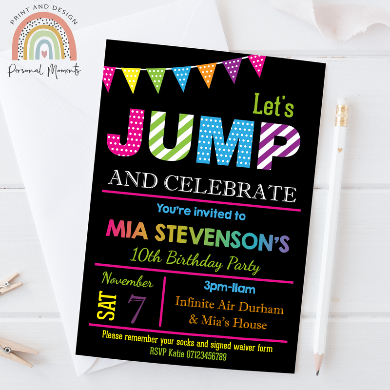 Personalised Rainbow Trampoline Jump Party Invitations for Kids