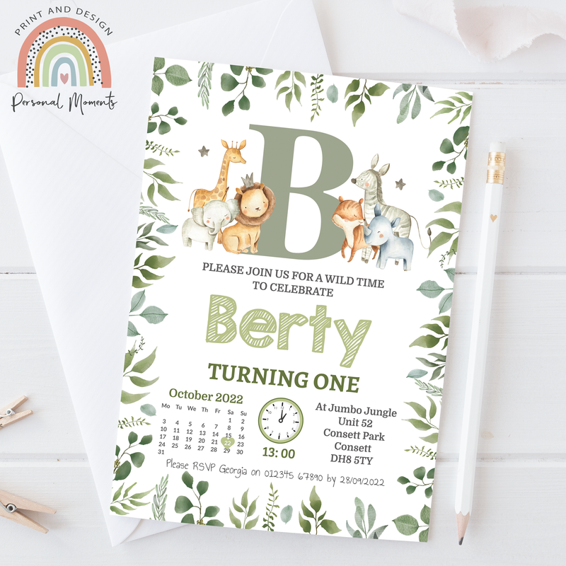 Personalised Jungle Safari Birthday Invitations - Botanical Animal Theme