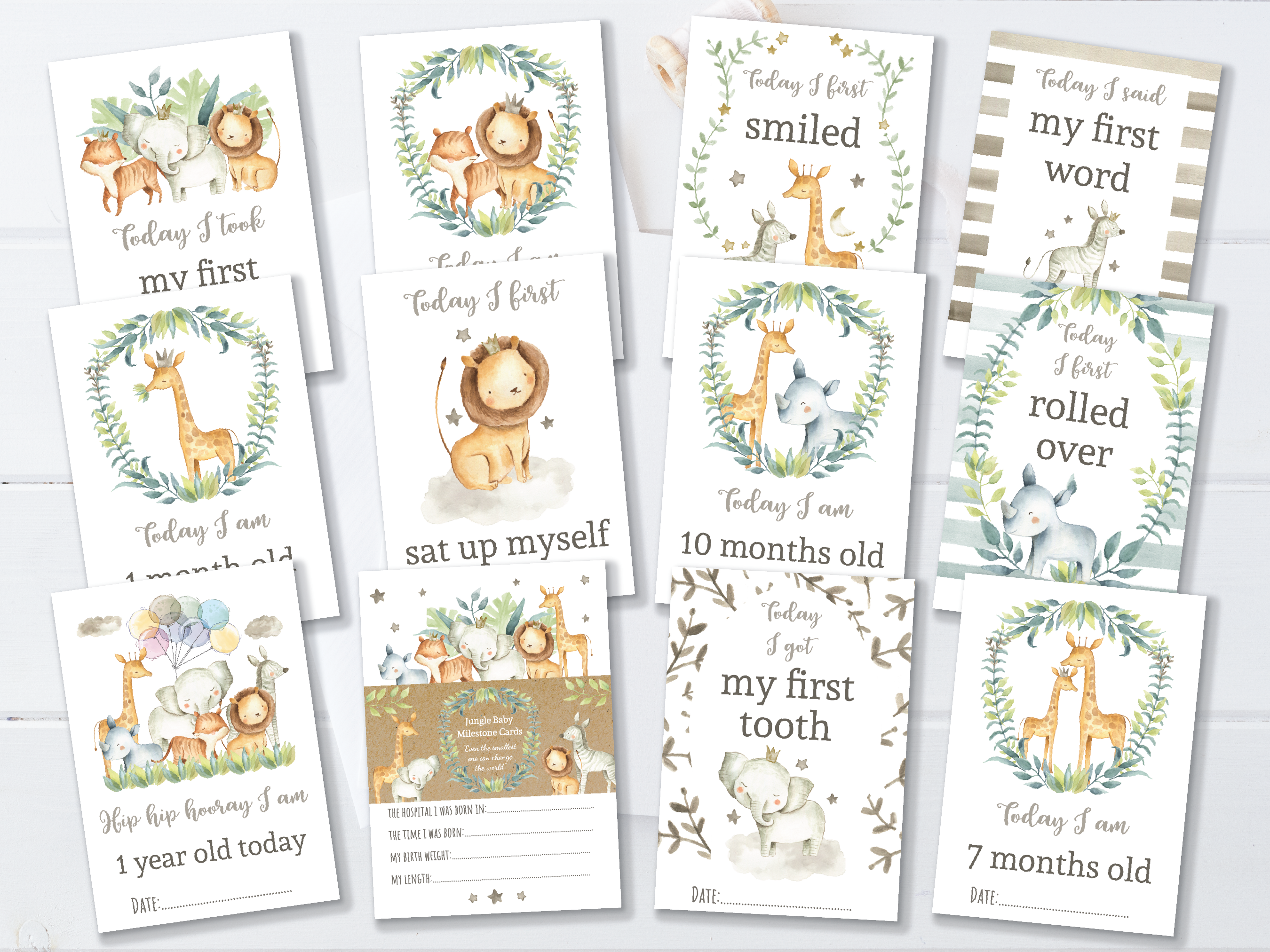 Jungle Safari Animals Baby Milestone Cards Unisex Photo Props Perfe