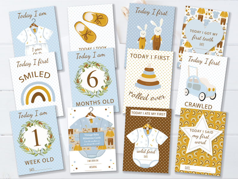 Vintage Boho Blue Baby Boy Milestone Cards - Perfect New Baby or Baby Shower Gift
