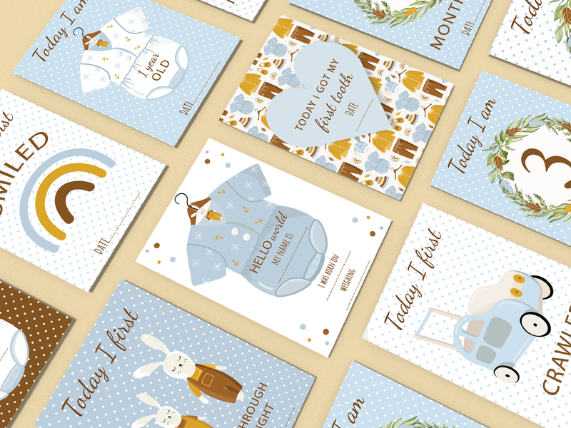 Vintage Boho Blue Baby Boy Milestone Cards - Perfect New Baby or Baby Shower Gift
