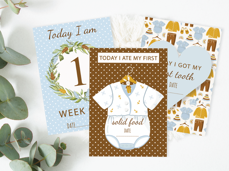 Vintage Boho Blue Baby Boy Milestone Cards - Perfect New Baby or Baby Shower Gift