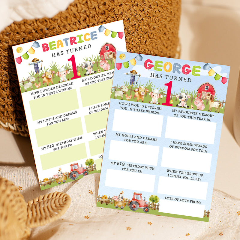 Personalised Farmyard First Birthday Time Capsule Cards with Envelopes - Colourful Keepsake Game, Customisable 1st Birthday Party Activity