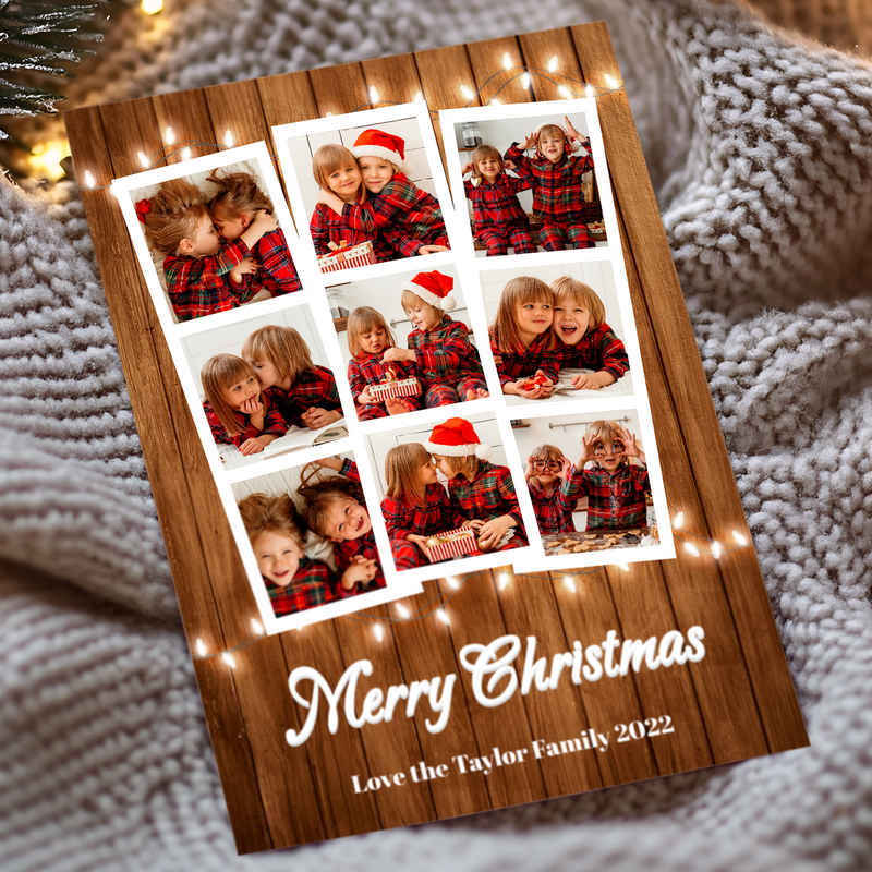 FLAT Personalised Christmas Cards Photo Xmas Card Wood Design